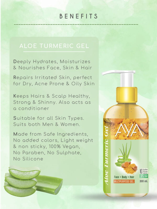 AYA Multipurpose Aloe Turmeric Gel, 300 ml for Face, Hair and Body | No Paraben, No Silicone, No Sulphate. - Image 2