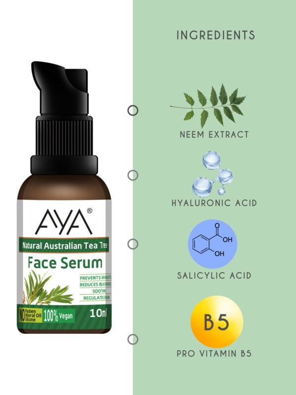 AYA Australian Tea Tree Face Serum (10 ml) | Prevents Break outs, Reduce Blackheads and Soothing | No Paraben, No Silicone, No Mineral Oil. - Image 2