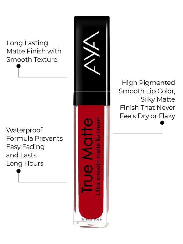 AYA True Matte Liquid Lipstick, Ultra Smooth Matte Lip Cream, 02 Blood Red, 6ml - Image 2