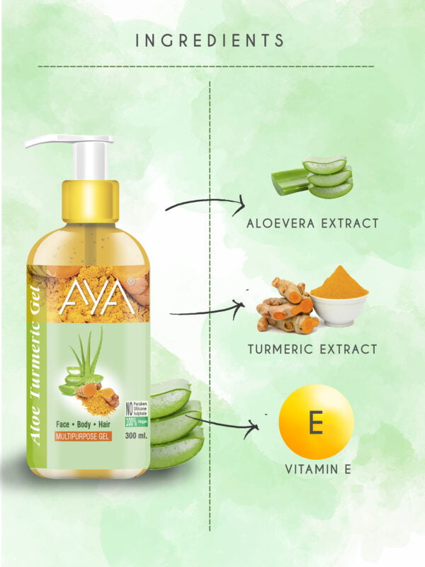 AYA Multipurpose Aloe Turmeric Gel, 300 ml for Face, Hair and Body | No Paraben, No Silicone, No Sulphate. - Image 3