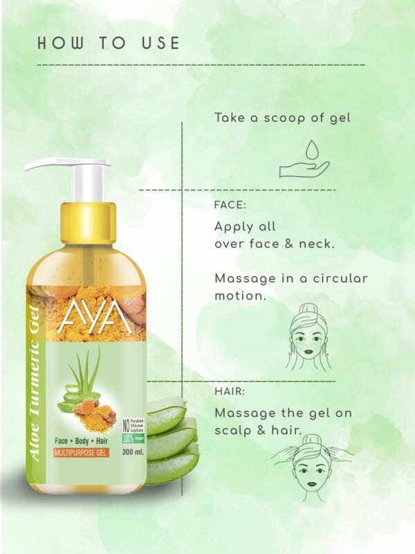 AYA Multipurpose Aloe Turmeric Gel, 300 ml for Face, Hair and Body | No Paraben, No Silicone, No Sulphate. - Image 4