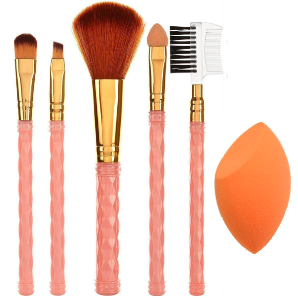 AY Makeup Brush Set Of 5 With 1 Cut Shape Makeup Sponge Puff (Color May Vary)