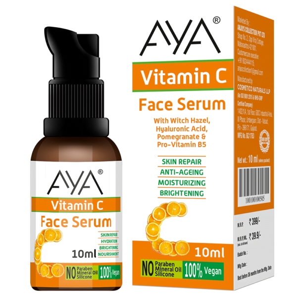 AYA Vitamin C Face Serum (10 ml) | Skin Hydration, Anti-Ageing, Moisturizing and Brightening | No Paraben, No Silicone, No Mineral Oil |