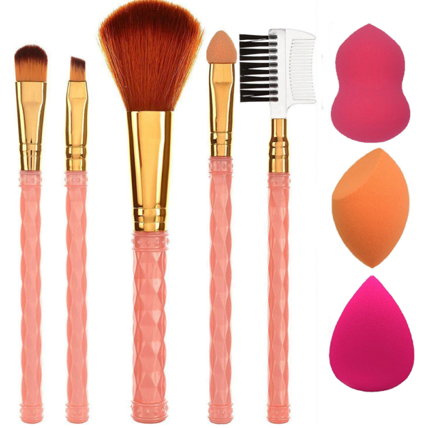 AY Makeup Brush Set of 5 and 3 Makeup Sponge Puff (Colour May Vary)