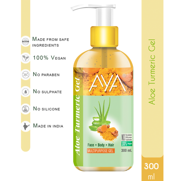 AYA Multipurpose Aloe Turmeric Gel, 300 ml for Face, Hair and Body | No Paraben, No Silicone, No Sulphate.