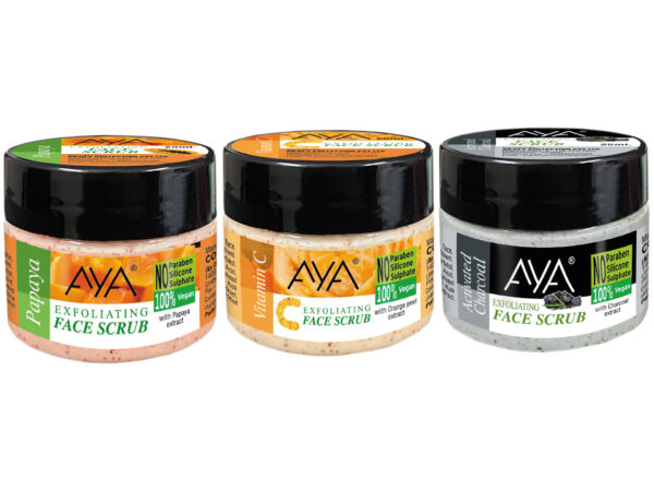 AYA Vitamin C, Papaya, Activated charcoal Exfoliating Face Scrub, 25ml+25ml+25ml | No Paraben, No Silicone, No Sulphate-Pack of 3