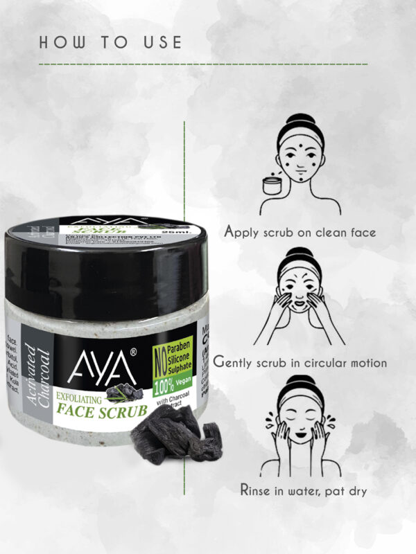 AYA Activated Charcoal Exfoliating Face Scrub, 25ml | No Paraben, No Silicone, No Sulphate. - Image 3