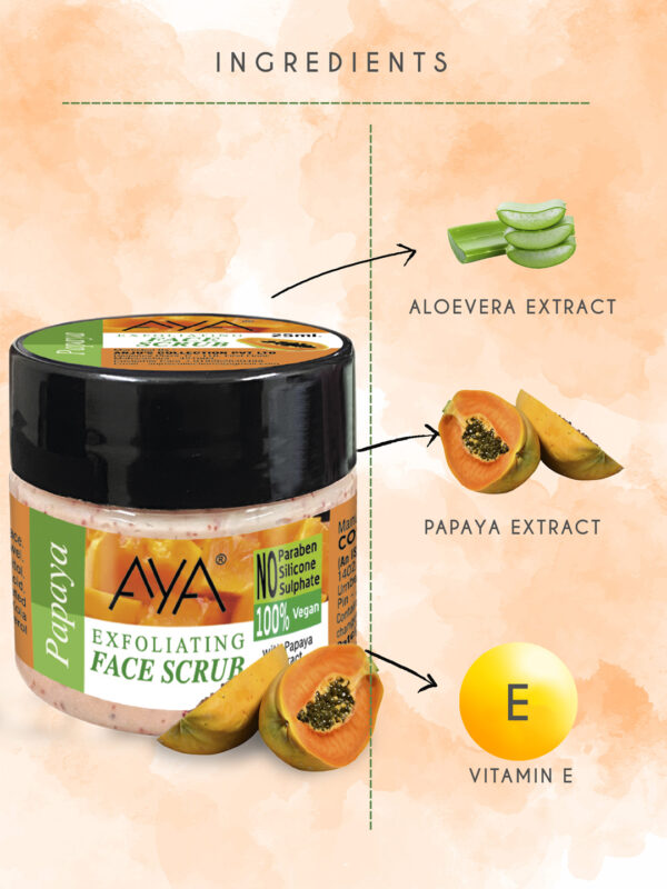 AYA Papaya Exfoliating Face Scrub, 25ml | No Paraben, No Silicone, No Sulphate. - Image 2