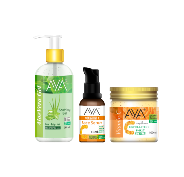 AYA Skincare Combo Pack Of 3, Multipurpose Aloe Vera Gel 300ml, Vitamin-C Scrub 100ml, Vitamin-C Serum 10ml | No Paraben, No Silicone, No Sulphate |