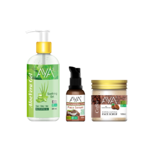 AYA Skincare Combo Pack Of 3, Multipurpose Aloe Vera Gel 300ml, Coffee Scrub 100ml, Coffee Serum 10ml | No Paraben, No Silicone, No Sulphate |