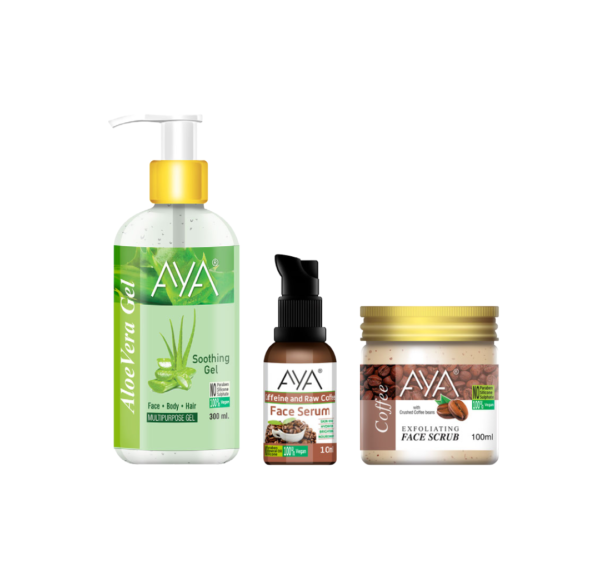 AYA Skincare Combo Pack Of 3, Multipurpose Aloe Vera Gel 300ml, Coffee Scrub 100ml, Coffee Serum 10ml | No Paraben, No Silicone, No Sulphate |