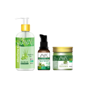 AYA Skincare Combo Pack Of 3, Multipurpose Aloe Vera Gel 300ml, Tea Tree Scrub 100ml, Tea Tree Serum 10ml | No Paraben, No Silicone, No Sulphate |