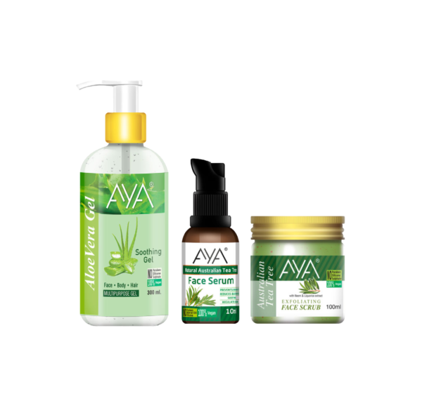 AYA Skincare Combo Pack Of 3, Multipurpose Aloe Vera Gel 300ml, Tea Tree Scrub 100ml, Tea Tree Serum 10ml | No Paraben, No Silicone, No Sulphate |