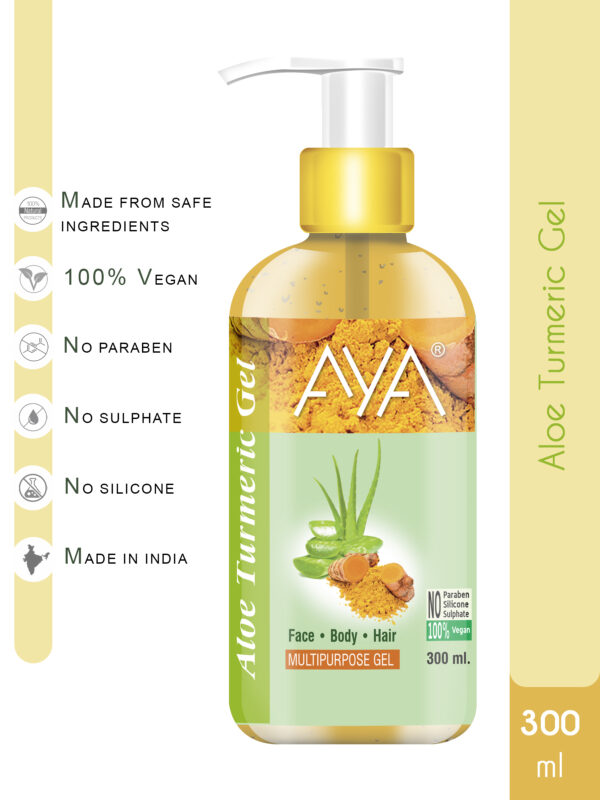 AYA Multipurpose Aloe Turmeric Gel, 300 ml for Face, Hair and Body | No Paraben, No Silicone, No Sulphate |