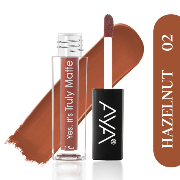 AYA Yes It's Truly Matte Liquid Lipstick, 02 Hazelnut, 2.5 ml | Long Lasting | Waterproof | Kiss Proof | Enriched with Jojoba Oil, Shea Butter, Almond Oil, Vitamin E, SPF