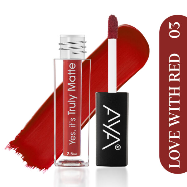 AYA Yes It's Truly Matte Liquid Lipstick, 03 Love With Red, 2.5 ml | Long Lasting | Waterproof | Kiss Proof | Enriched with Jojoba Oil, Shea Butter, Almond Oil, Vitamin E, SPF