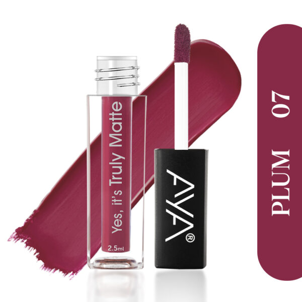 AYA Yes It's Truly Matte Liquid Lipstick, 07 Plum, 2.5 ml | Long Lasting | Waterproof | Kiss Proof | Enriched with Jojoba Oil, Shea Butter, Almond Oil, Vitamin E, SPF