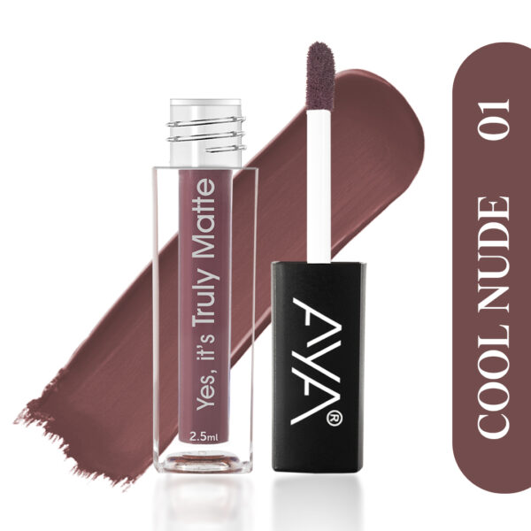 AYA Yes It's Truly Matte Liquid Lipstick, 01 Cool Nude, 2.5 ml | Long Lasting | Waterproof | Kiss Proof | Enriched with Jojoba Oil, Shea Butter, Almond Oil, Vitamin E, SPF