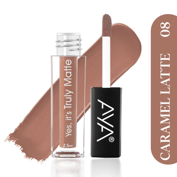 AYA Yes It's Truly Matte Liquid Lipstick, 08 Caramel Latte, 2.5 ml | Long Lasting | Waterproof | Kiss Proof | Enriched with Jojoba Oil, Shea Butter, Almond Oil, Vitamin E, SPF