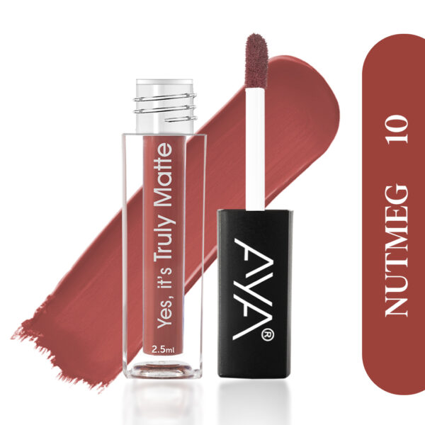 AYA Yes It's Truly Matte Liquid Lipstick, 10 Nut Meg, 2.5 ml | Long Lasting | Waterproof | Kiss Proof | Enriched with Jojoba Oil, Shea Butter, Almond Oil, Vitamin E, SPF