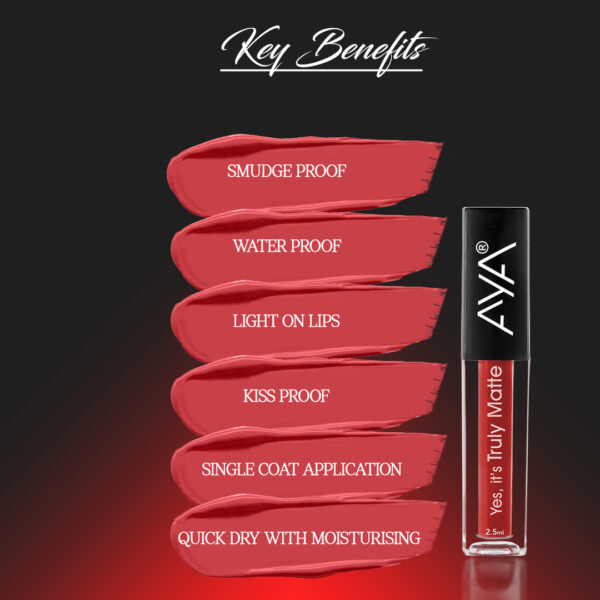 AYA Yes It's Truly Matte Liquid Lipstick, 03 Love With Red, 2.5 ml | Long Lasting | Waterproof | Kiss Proof | Enriched with Jojoba Oil, Shea Butter, Almond Oil, Vitamin E, SPF - Image 2