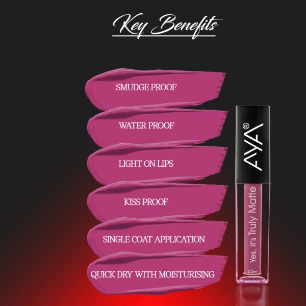 AYA Yes It's Truly Matte Liquid Lipstick, 05 Forbidden Fueshia, 2.5 ml | Long Lasting | Waterproof | Kiss Proof | Enriched with Jojoba Oil, Shea Butter, Almond Oil, Vitamin E, SPF - Image 2