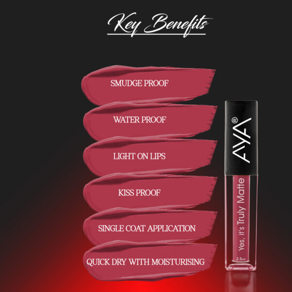 AYA Yes It's Truly Matte Liquid Lipstick, 06 Cherry Bomb, 2.5 ml | Long Lasting | Waterproof | Kiss Proof | Enriched with Jojoba Oil, Shea Butter, Almond Oil, Vitamin E, SPF - Image 2