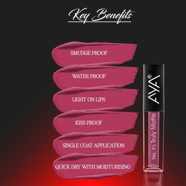 AYA Yes It's Truly Matte Liquid Lipstick, 07 Plum, 2.5 ml | Long Lasting | Waterproof | Kiss Proof | Enriched with Jojoba Oil, Shea Butter, Almond Oil, Vitamin E, SPF - Image 2