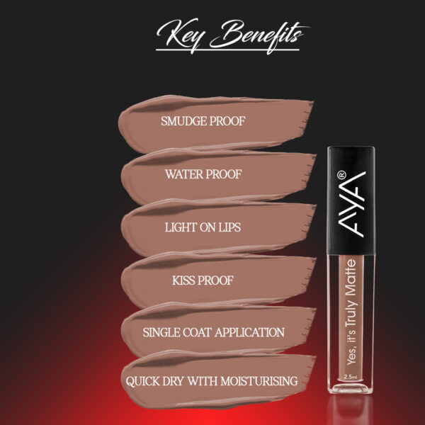 AYA Yes It's Truly Matte Liquid Lipstick, 08 Caramel Latte, 2.5 ml | Long Lasting | Waterproof | Kiss Proof | Enriched with Jojoba Oil, Shea Butter, Almond Oil, Vitamin E, SPF - Image 2