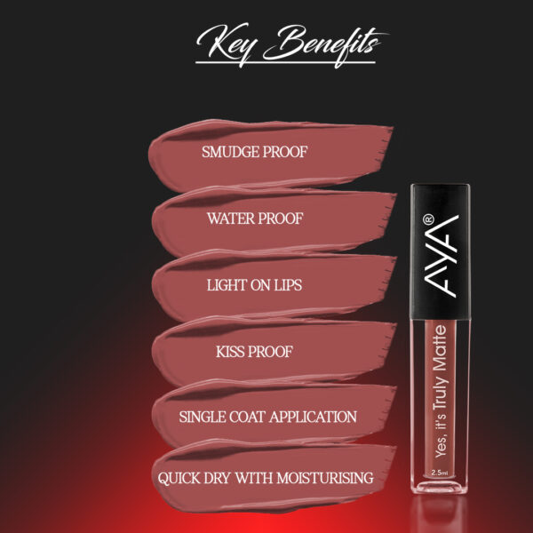 AYA Yes It's Truly Matte Liquid Lipstick, 10 Nut Meg, 2.5 ml | Long Lasting | Waterproof | Kiss Proof | Enriched with Jojoba Oil, Shea Butter, Almond Oil, Vitamin E, SPF - Image 2